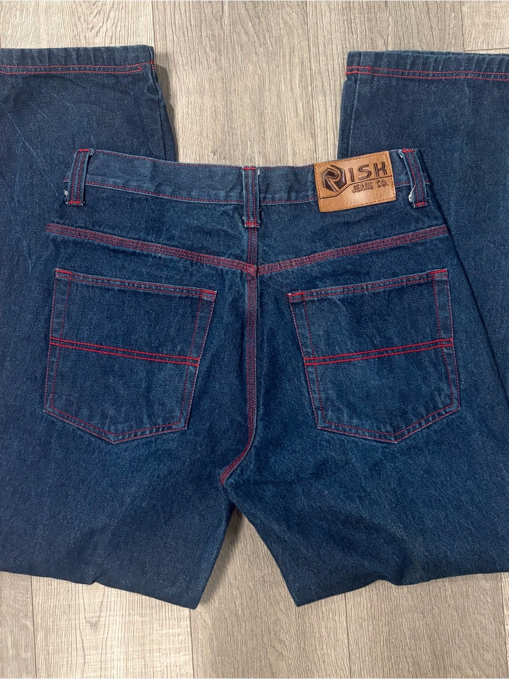 Risk Jeans Co. Size 34x34 Men’s Blue Denim Jeans Red Contrast Stitching Y2K
